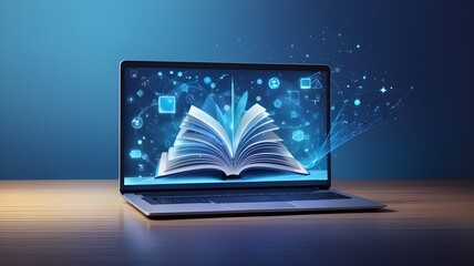 An illustration of an open digital book on a laptop screen with a cool blue backdrop, representing the idea of e-learning