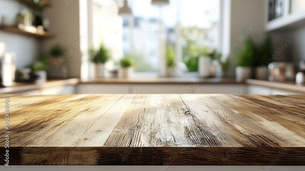 Poster kitchen table background wood counter top on blur of white clean abstract home interior with bokeh u