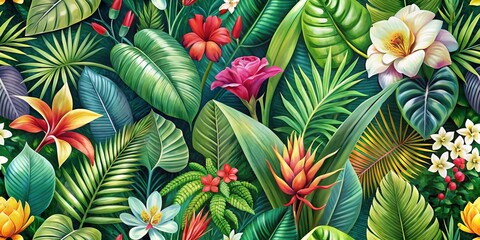Lush greens and vibrant florals combine with exotic patterns and oversized leaves for a rich tropical getaway.