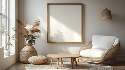 Interior design of living room interior with mock up poster frame boucle sofa white armchair wooden coffee table vase with magnolia and personal accessories Home decor Template : Generative AI