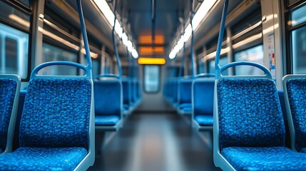 interior of a modern train or bus with rows of blue seats and a central aisle all unoccupied public transportation : Generative AI