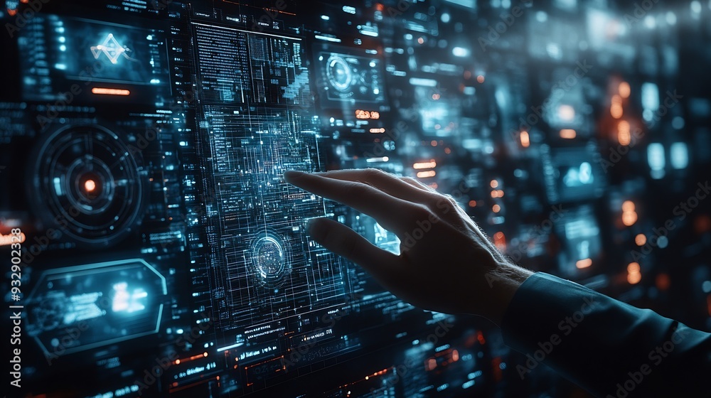 Poster Ai Businessman working with modern interface Business analytics Big data technology and data science Data flow conceptBusiness computing digital composite : Generative AI
