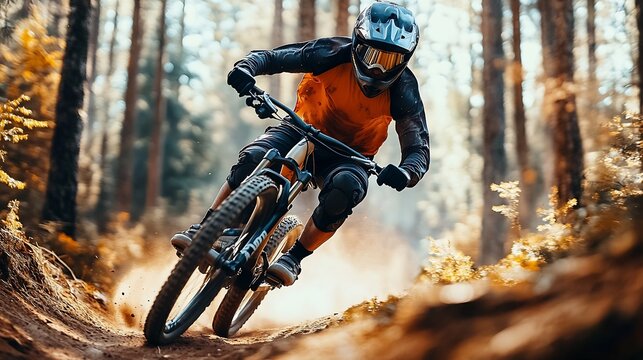 Downhill mountain biker in equipment going fast in the bike park trail : Generative AI