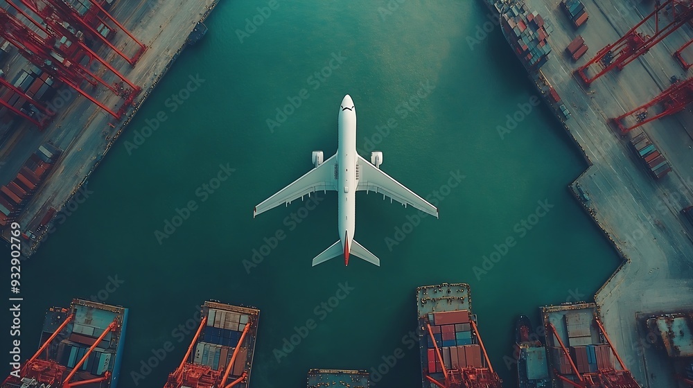 Aufkleber aerial view and top view cargo plane flying above ship port in the export and import business and sm