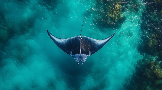 Aerial picture of a reef manta ray swimming in the blue shallow water Black and white mobula Wildlife in Exmouth Ningaloo Western Australia Ocean drone picture beautiful marine life : Generative AI