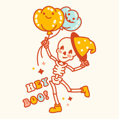 Cute skeleton holding balloons. Cheerful concept of playful and spooky fun Halloween. Hand drawn vector illustration
