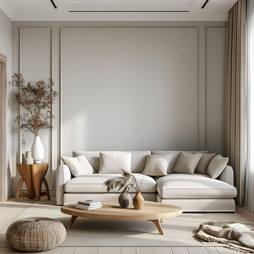 Aesthetic elegant classic interior design. Clear mock up empty wall for decoration in the apartment. Copy space in the room with moldings. Neutral palette of natural colors