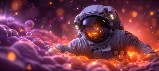 Astronaut Floating Among Colorful Bubbles