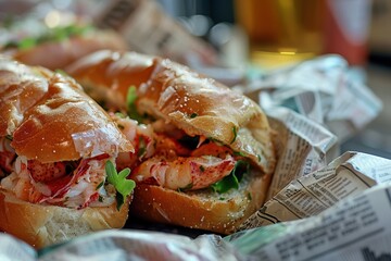 Macro closeup of Maine lobster roll sandwich in brioche bun bread at seafood restaurant cafe in Key West Florida wrapped in newspaper texture