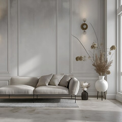 Aesthetic elegant classic interior design. Clear mock up empty wall for decoration in the apartment. Copy space in the room with moldings. Neutral palette of natural colors