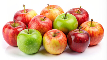 An assortment of red and green apples is arranged attractively against a plain background, highlighting their freshness and natural shine