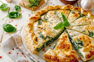 Quick bake Italian cheese pie on white background