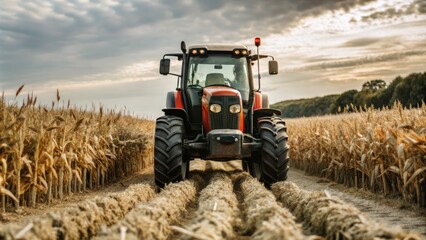 Obraz premium Red Tractor Driving Through a Field of Hay Bales