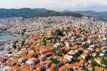 Kavala, Greece. Kavala Fortress - Ruins of a 15th century castle with a round tower. Port. Aerial view