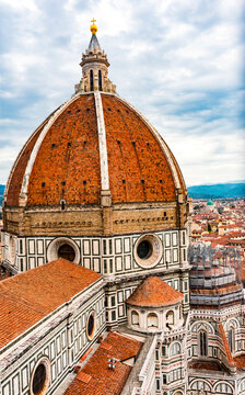 Dome with golden cross, Florence Cathedral, Florence, Italy. Finished 1400's. Formal name Cathedral di Santa Maria del Fiore.