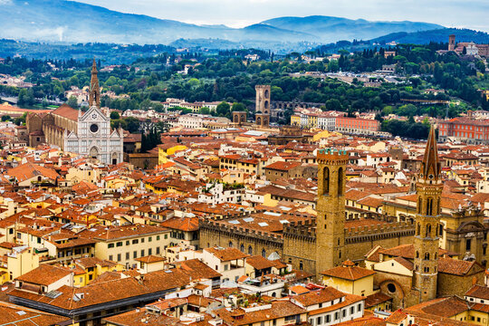 Orange roofs, Badia Florentina Abbey, Santa Croce Church cityscape, Florence, Italy.