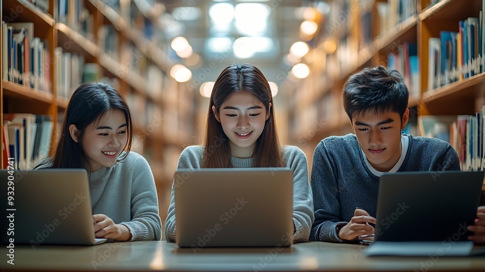 Aufkleber Students group and happy in library for education learning and reading test results or news on computer Young college people on laptop for solution research or studying with support he : Generative AI