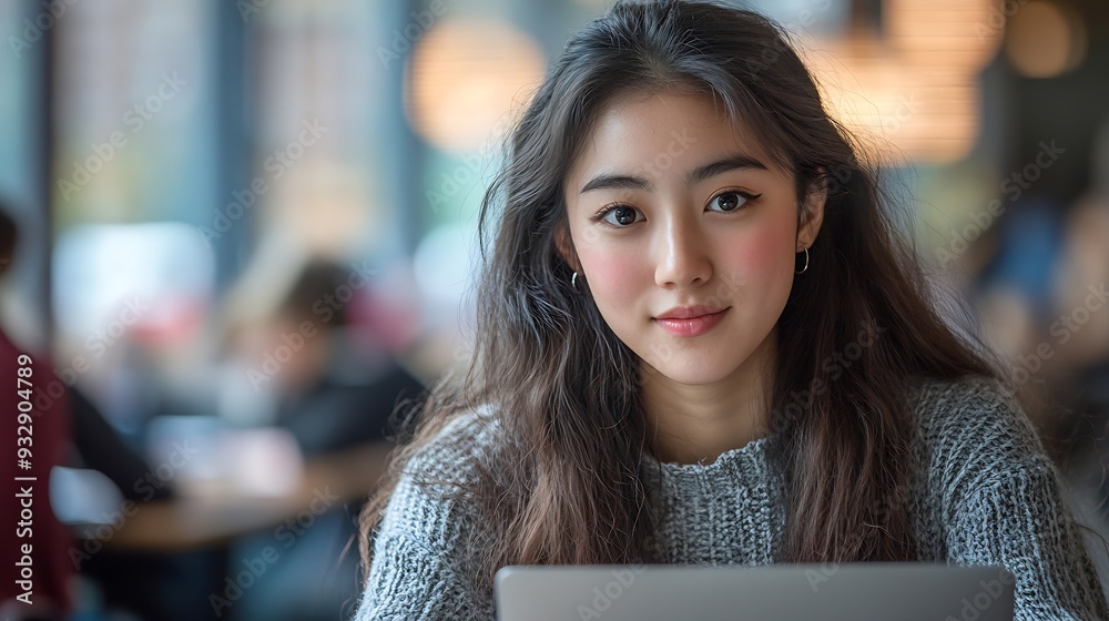Poster Student laptop and portrait in classroom writing notes for college course test and campus work Female person university and happy for learning higher education and studying at academy : Generative AI