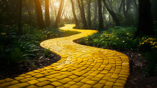 enchanted yellow brick road winding through a magical forest isolated on white background,&nbsp;