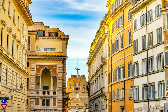 Narrow Roman street, St. Angelo Bridge, Rome, Italy. Bridge first built by Emperor Hadrian in 134 AD.