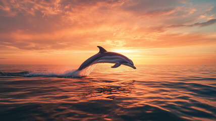 Naklejka premium dolphin breaching the surface of the water during a vibrant sunset, with the sky painted in hues of orange and pink,