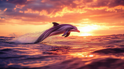 Obraz premium dolphin breaching the surface of the water during a vibrant sunset, with the sky painted in hues of orange and pink,