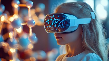Child Explores Molecular Models with VR Glasses Girl Wearing Reality Headset Interacts with 3D Molecule Immersive STEM Education : Generative AI