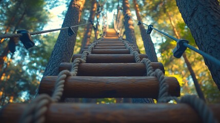 Rope obstacle track high in the trees a rope course in an adventure park in a pine forest climbing track in adventure park : Generative AI
