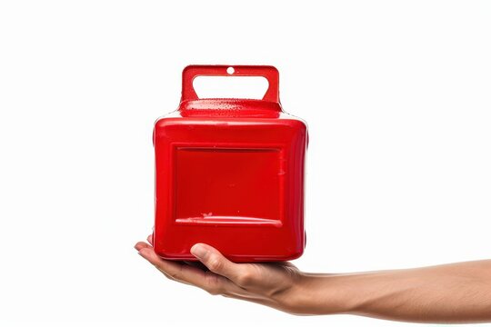 Red gasoline container held by hand white background