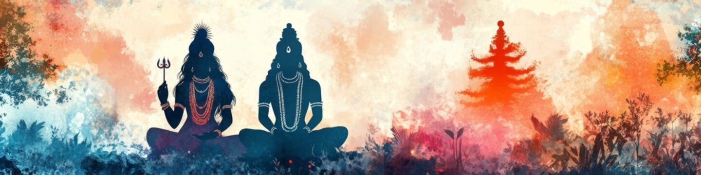 Abstract Trash Art Illustration of Lord Shiva and Goddess Parvati: AI-Generated Cultural Marketing Design. Minimalist Composition with Elegant Gradients for Indian Mythology-Inspired UI, Web Posters, 