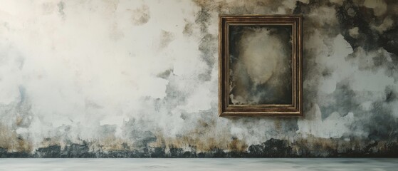 Vintage Framed Painting on Weathered Wall in Minimalist Interior with Rustic and Artistic Ambiance
