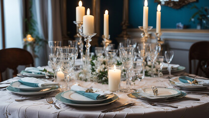 This is a table setting with white plates, glassware, and candles.

