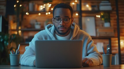 Fototapeta premium Career winner mindset Young freelance businessman working at home Confident dedicated male learning and educate himself for better opportunity in her business career work on laptop com : Generative AI