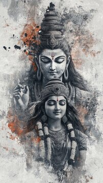 Abstract Trash Art Illustration of Lord Shiva and Goddess Parvati: AI-Generated Cultural Marketing Design. Minimalist Composition with Elegant Gradients for Indian Mythology-Inspired UI, Web Posters, 