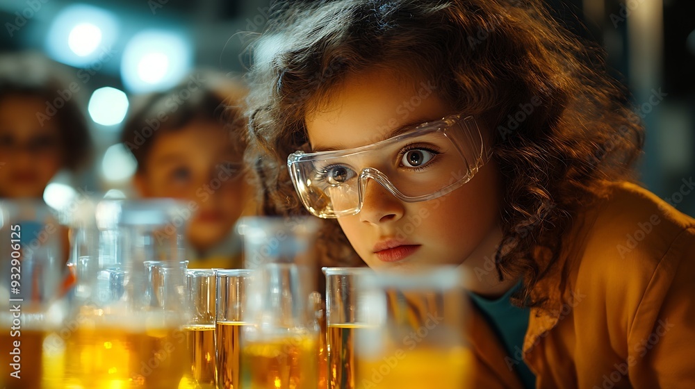 Aufkleber Education learning or science with teacher and students at table in laboratory for experiment or reaction Classroom school or study with woman scientist and children at academy for dev : Generative AI