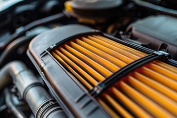 Replace dirty air filter in new car Quality auto parts for engine protection Store and repair shop photo White background