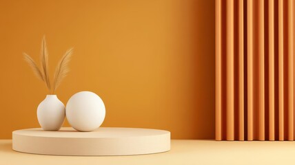 Fototapeta premium Minimalist orange room with podium and vase for product display.