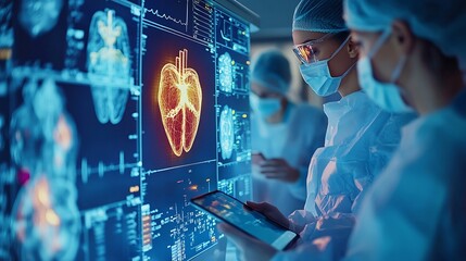 Image of cardiograph over diverse surgeons using tablet at hospital Medicine healthcare and digital interface concept concept digitally generated image : Generative AI
