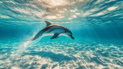 Naklejka premium dolphin breaching the surface of the water during a vibrant sunset, with the sky painted in hues of orange and pink,