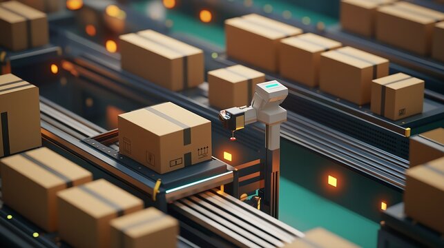 Efficient Parcel Sorting with Conveyor Belts and Robotic Arms in a Modern Warehouse, Depicting Speed and Precision in E-commerce Logistics, Smooth Clay Style 3D Render
