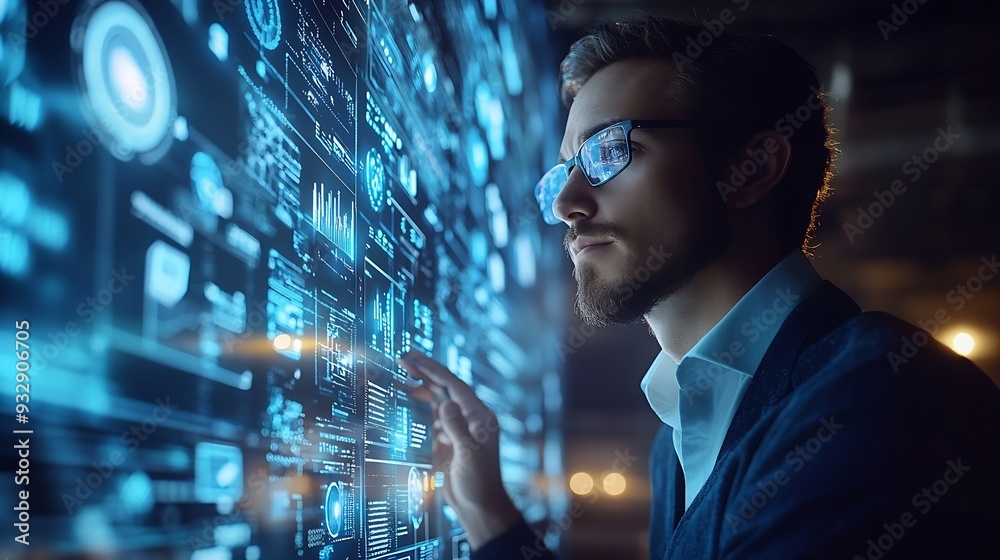 Poster Ai Businessman working with modern interface Business analytics Big data technology and data science Data flow conceptBusiness computing digital composite : Generative AI