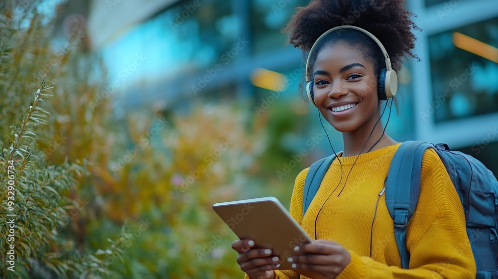Aufkleber elearning happy black woman student using tablet computer wearing headphones standing near modern un