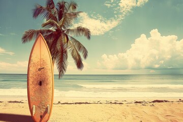 Retro surfboard on tropical beach with palm tree summer vibes Vintage colors