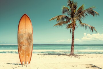 Retro surfboard with palm tree on summer beach in vintage colors