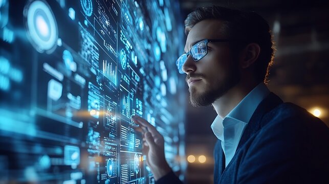 Ai Businessman working with modern interface Business analytics Big data technology and data science Data flow conceptBusiness computing digital composite : Generative AI