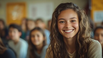 Fototapeta premium Portrait smiling high school teacher and students classroom : Generative AI
