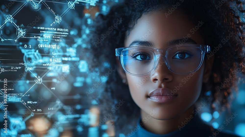 Aufkleber Image of data processing and chemical formula over biracial schoolgirl global science data processing and digital interface concept digitally generated image : Generative AI