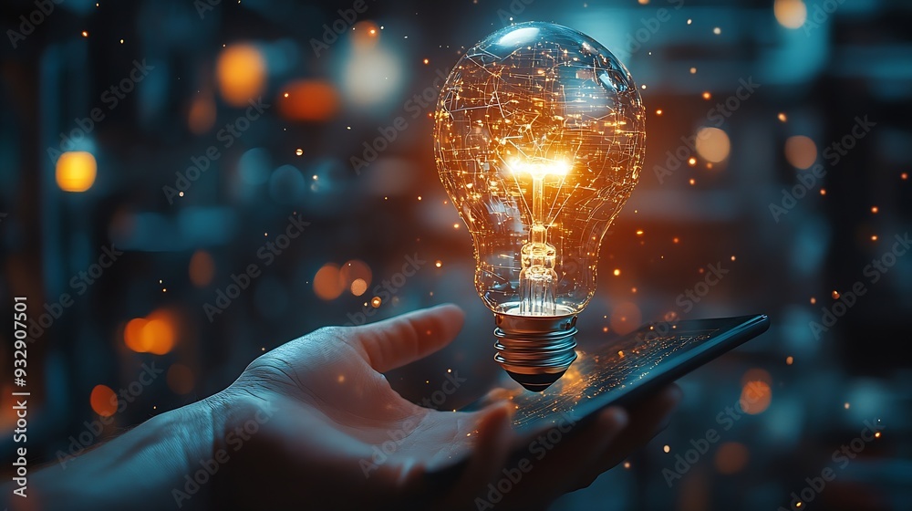 Poster Hand holding tablet with bulb for Artificial Intelligence or AI brain analysis informationTechnology and science conceptmachine learning systemHitech and futuristic world : Generative AI