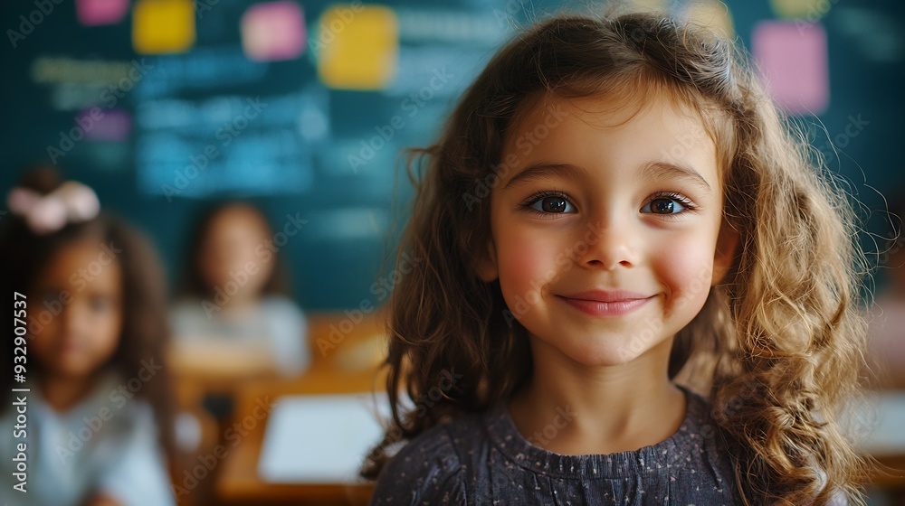 Poster talented small girl asking teacher a question in class portrait of a happy elementary school student