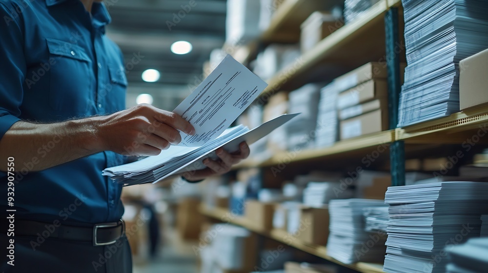 Aufkleber Exporting supervisor in charge of producing receipts for item administration tracking delivery and transportation requirements Manufacturing operator going over records for order submi : Generative AI